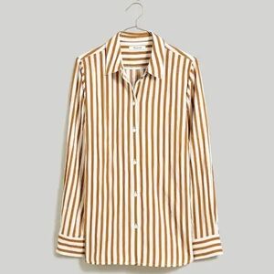 Striped Button-Down Shirt in Camel and White, Small